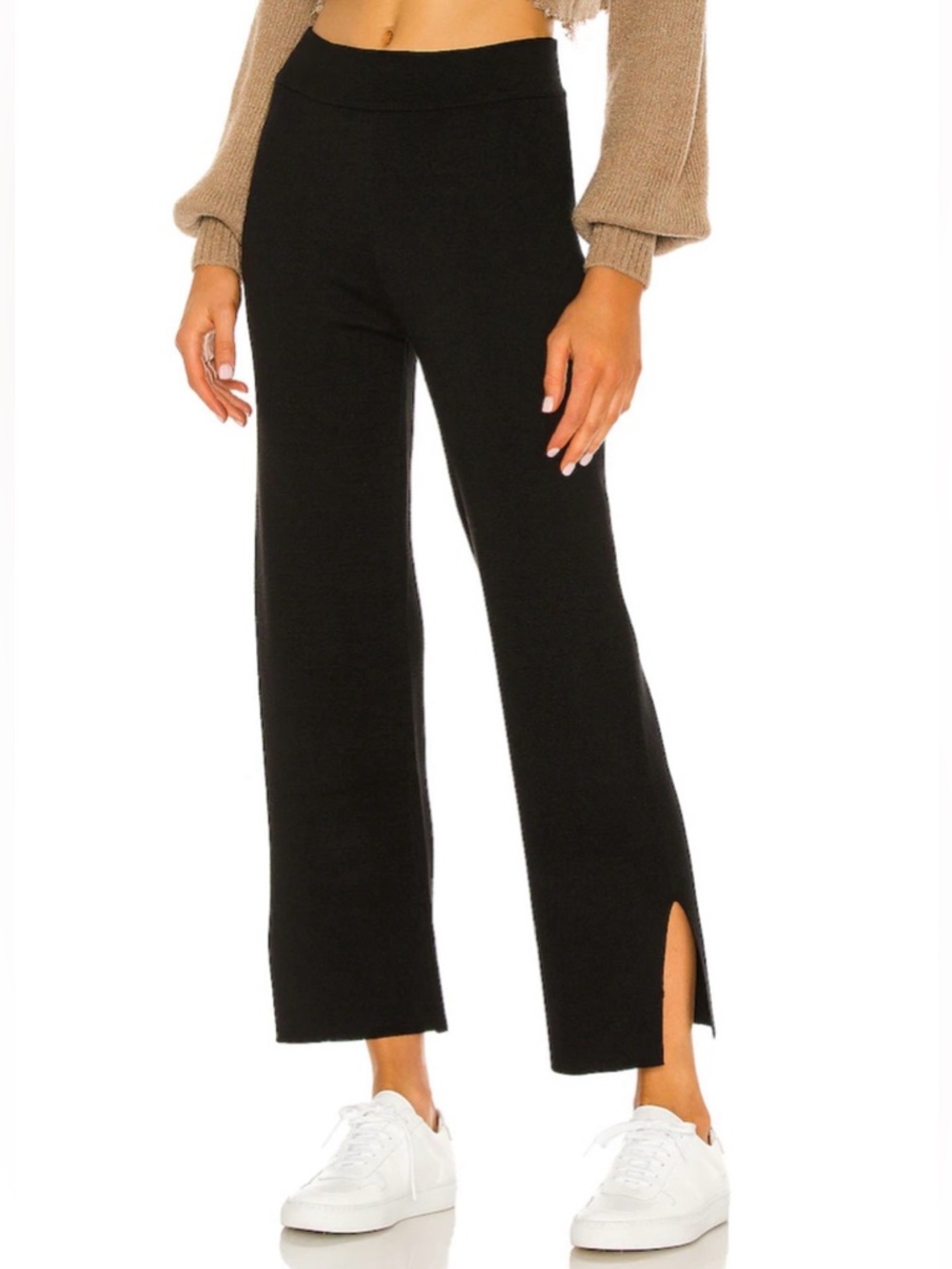L'Academie Designer Black Wide-Leg Knit Pants with Side Slits Quiet Luxury